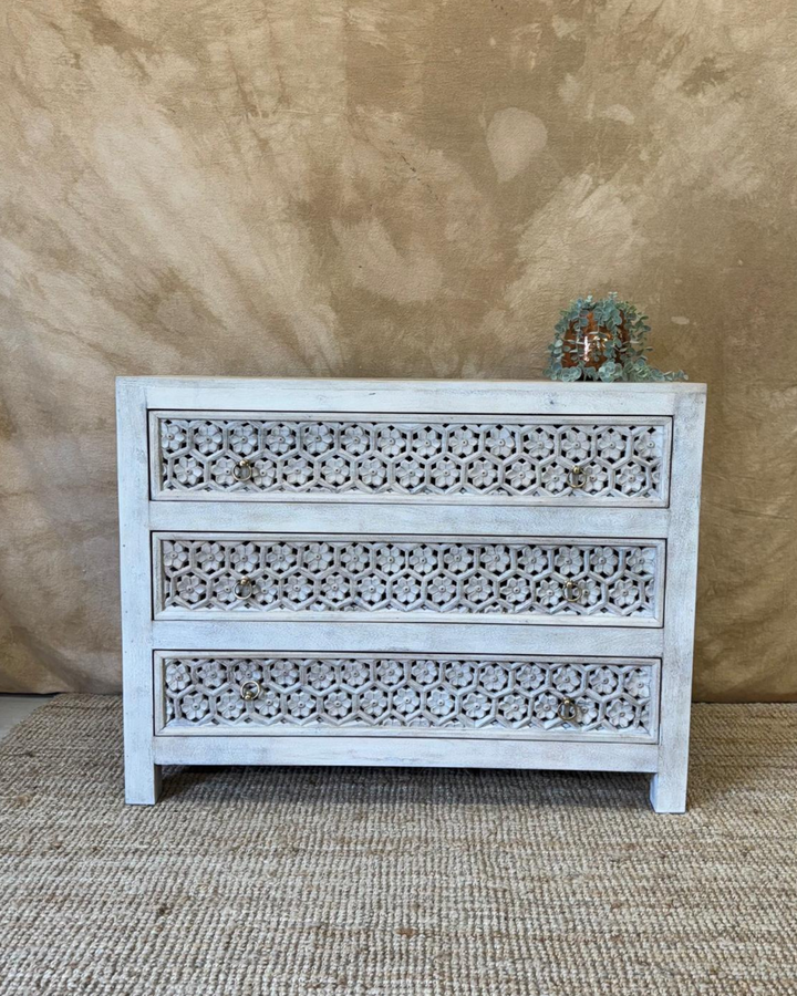 Carved Mango Wood Chest of Drawers with 3 Drawers and Washed Cream Finish