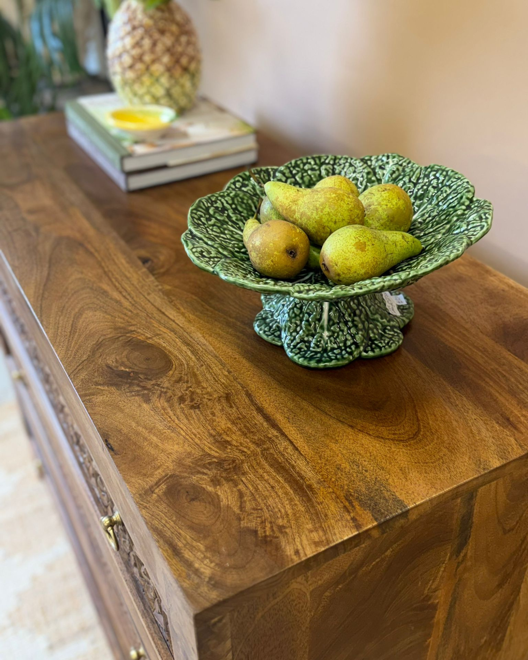 Commode met 3 laden, handgesneden van mangohout met Jali-snijwerk, natuurlijke afwerking