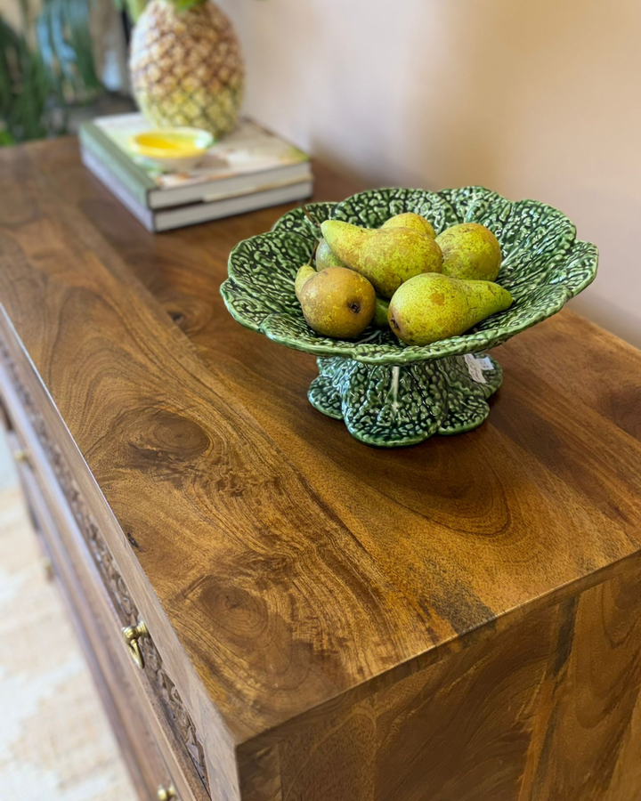 Commode met 3 laden, handgesneden van mangohout met Jali-snijwerk, natuurlijke afwerking