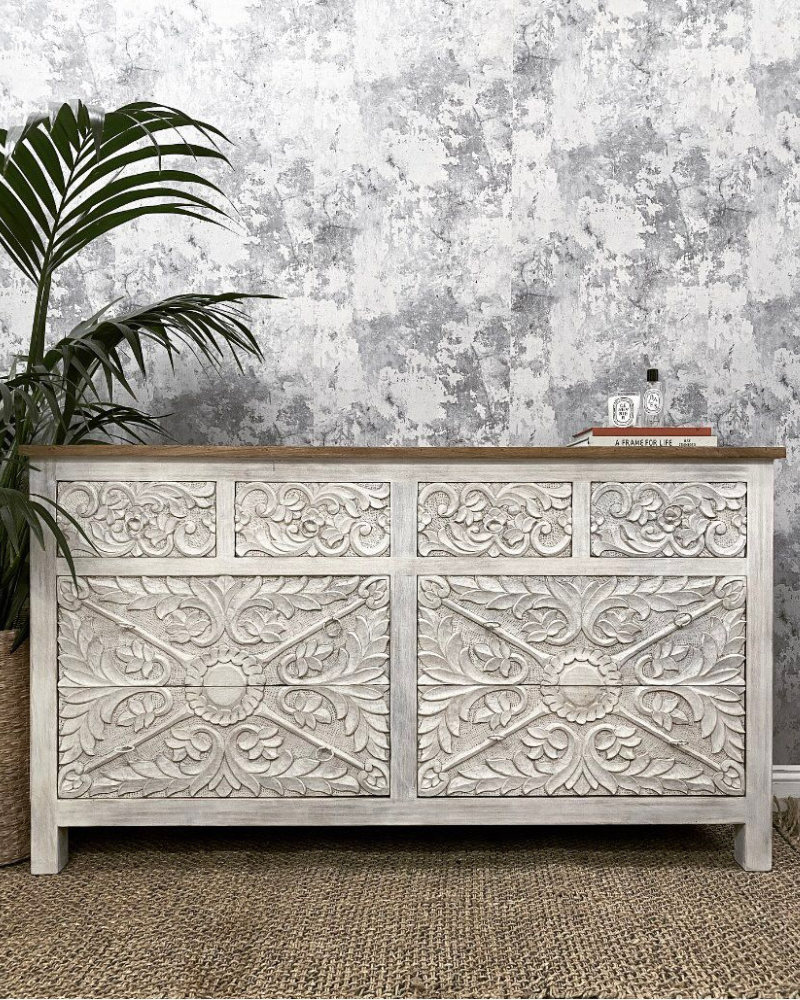 Ornate Hand Carved Mango Wood 8 Drawer Chest of Drawer, whitewasheds