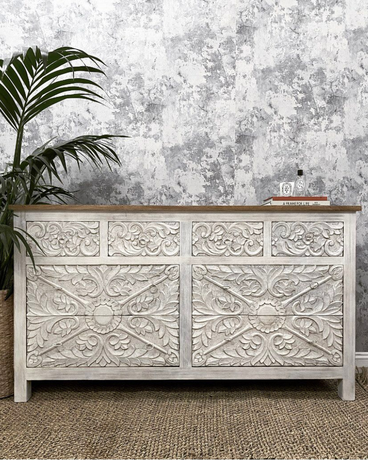 Ornate Hand Carved Mango Wood 8 Drawer Chest of Drawer, whitewasheds