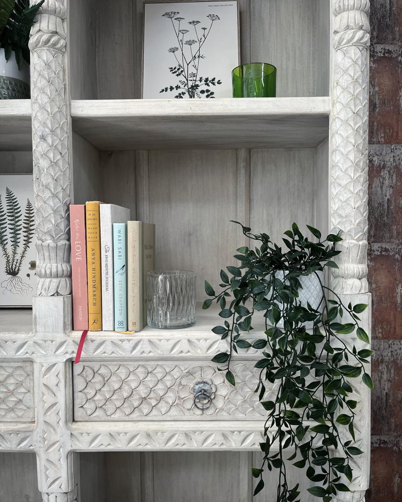 Carved Mango Wood Bookcase With Bleached Finish