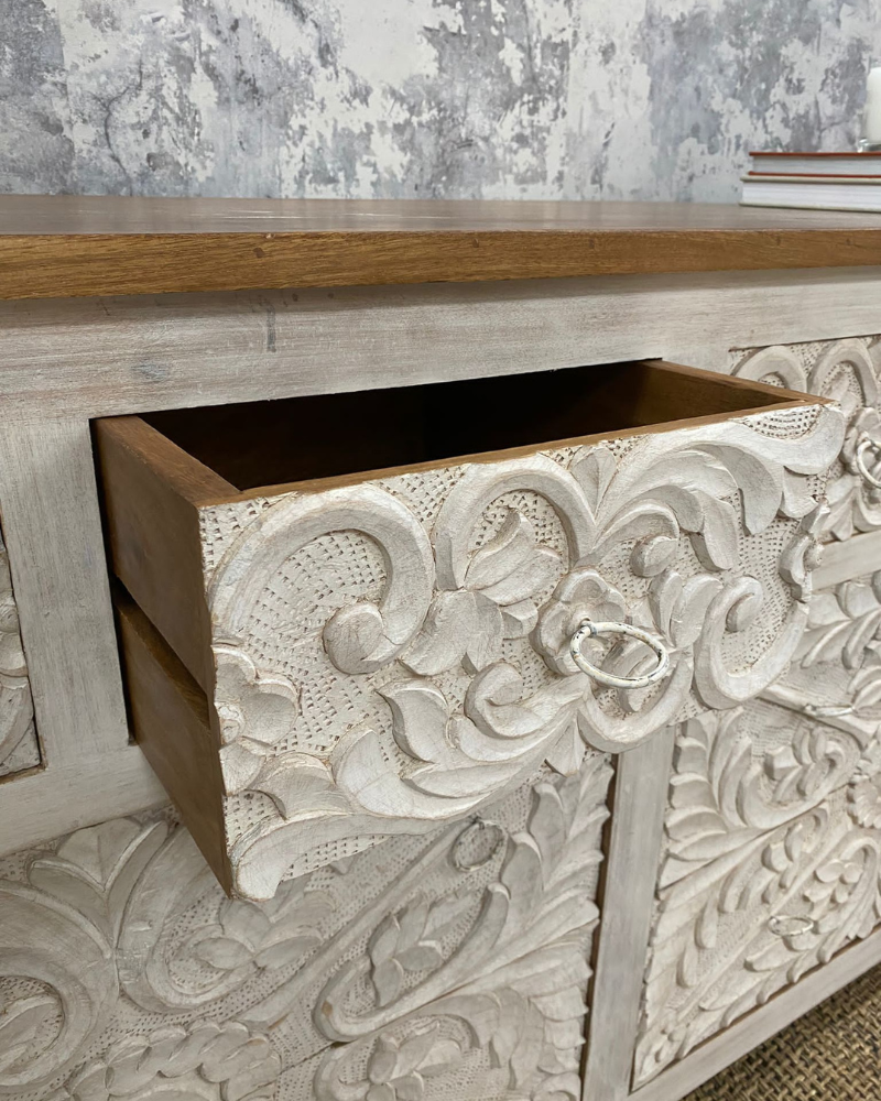 Ornate Hand Carved Mango Wood 8 Drawer Chest of Drawer, whitewasheds