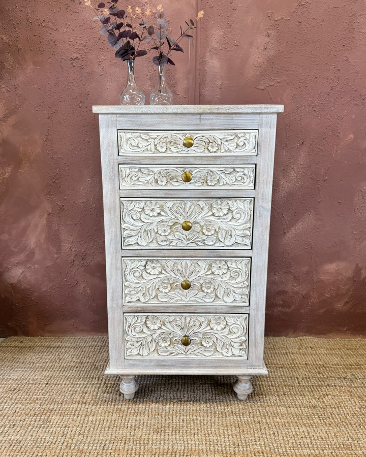 Tall Carved Mango Wood Chest of Drawers with 5 Drawers, Whitewashed