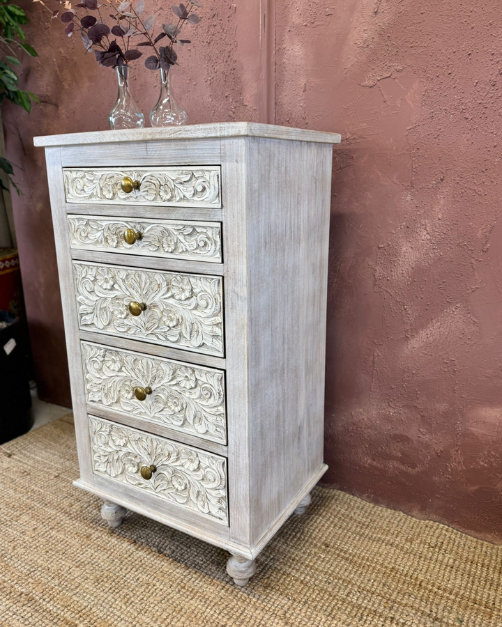 Tall Carved Mango Wood Chest of Drawers with 5 Drawers, Whitewashed