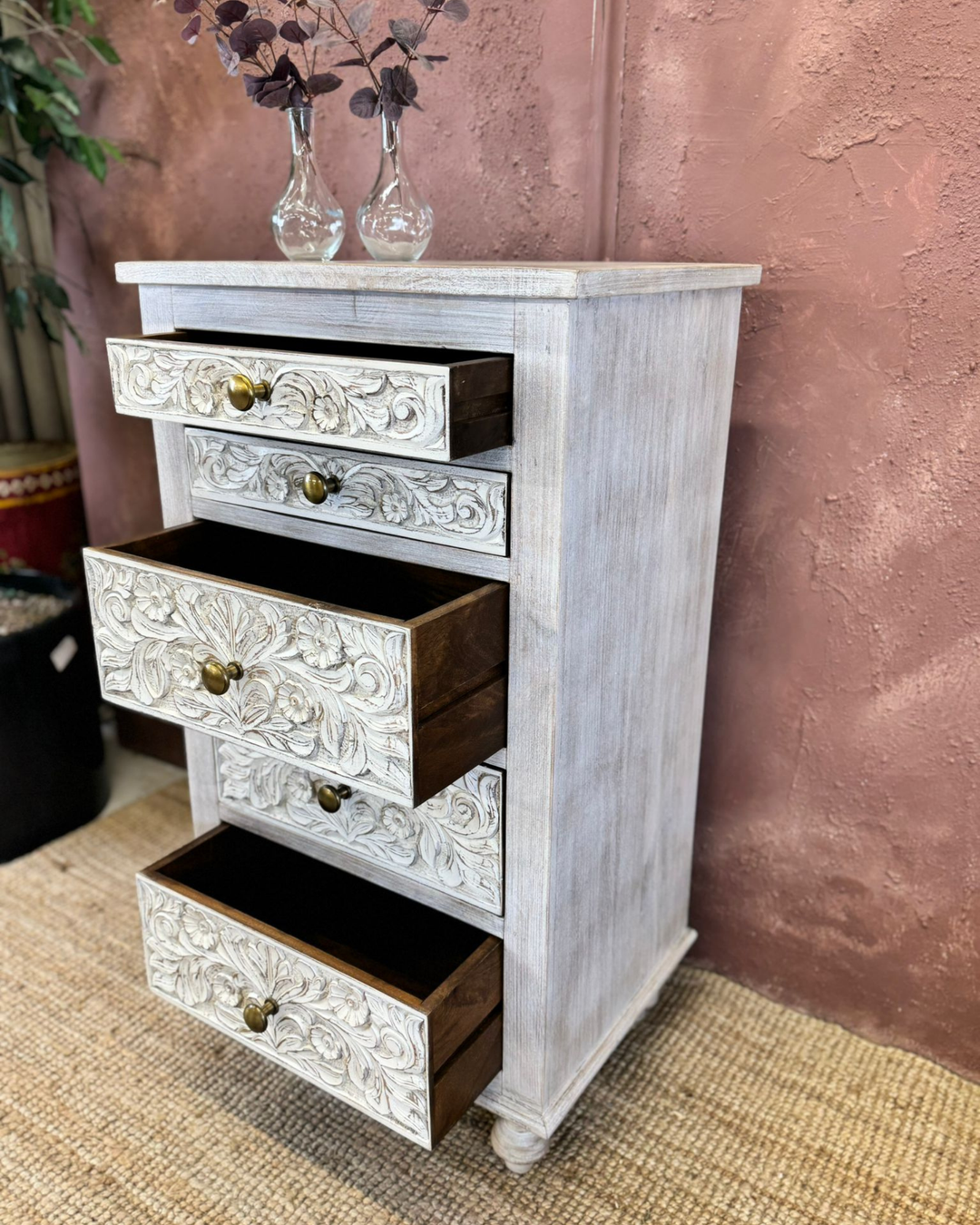 Tall Carved Mango Wood Chest of Drawers with 5 Drawers, Whitewashed