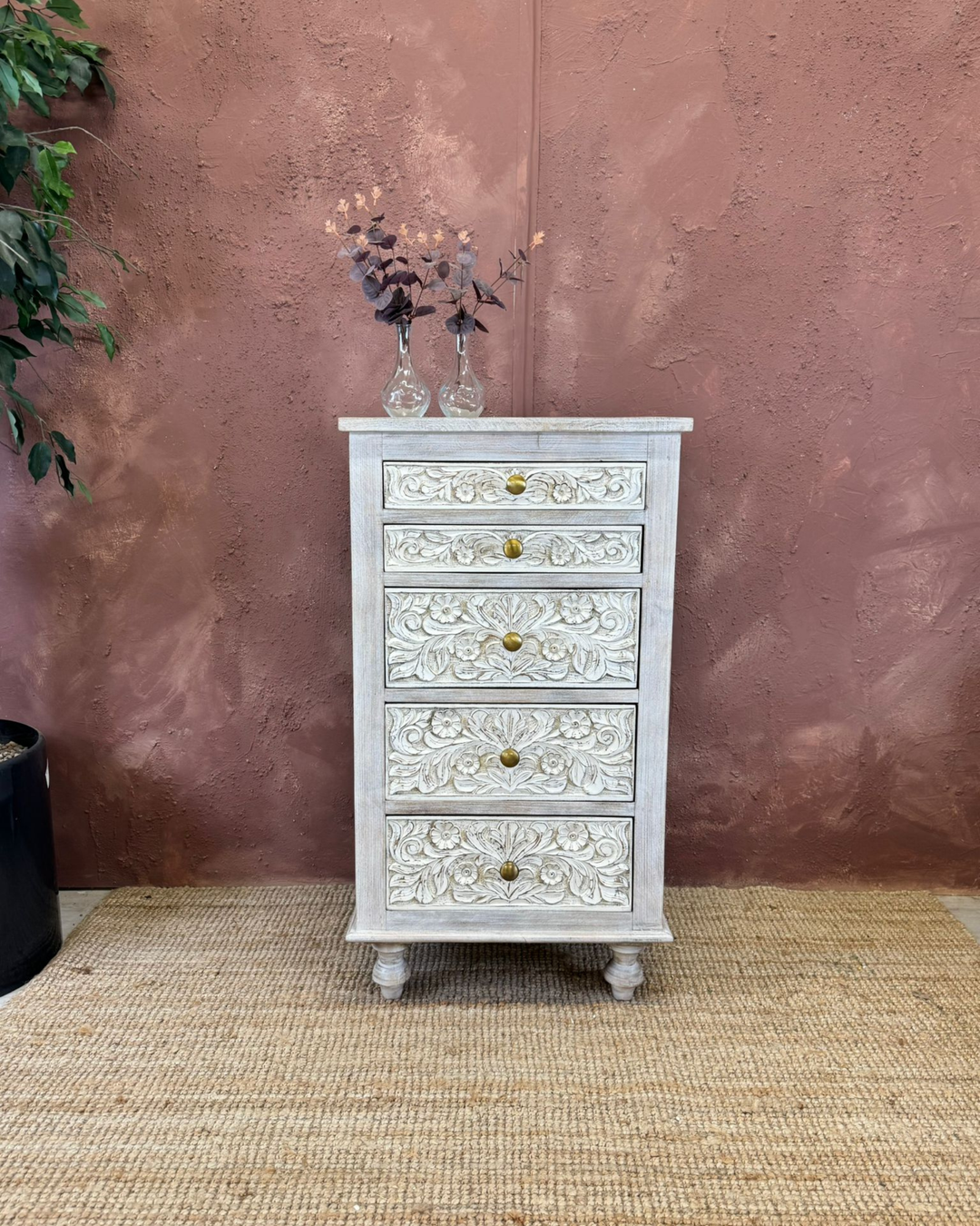 Tall Carved Mango Wood Chest of Drawers with 5 Drawers, Whitewashed