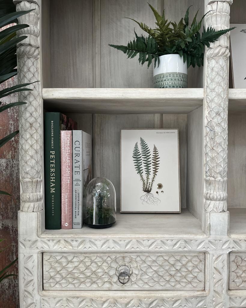 Carved Mango Wood Bookcase With Bleached Finish