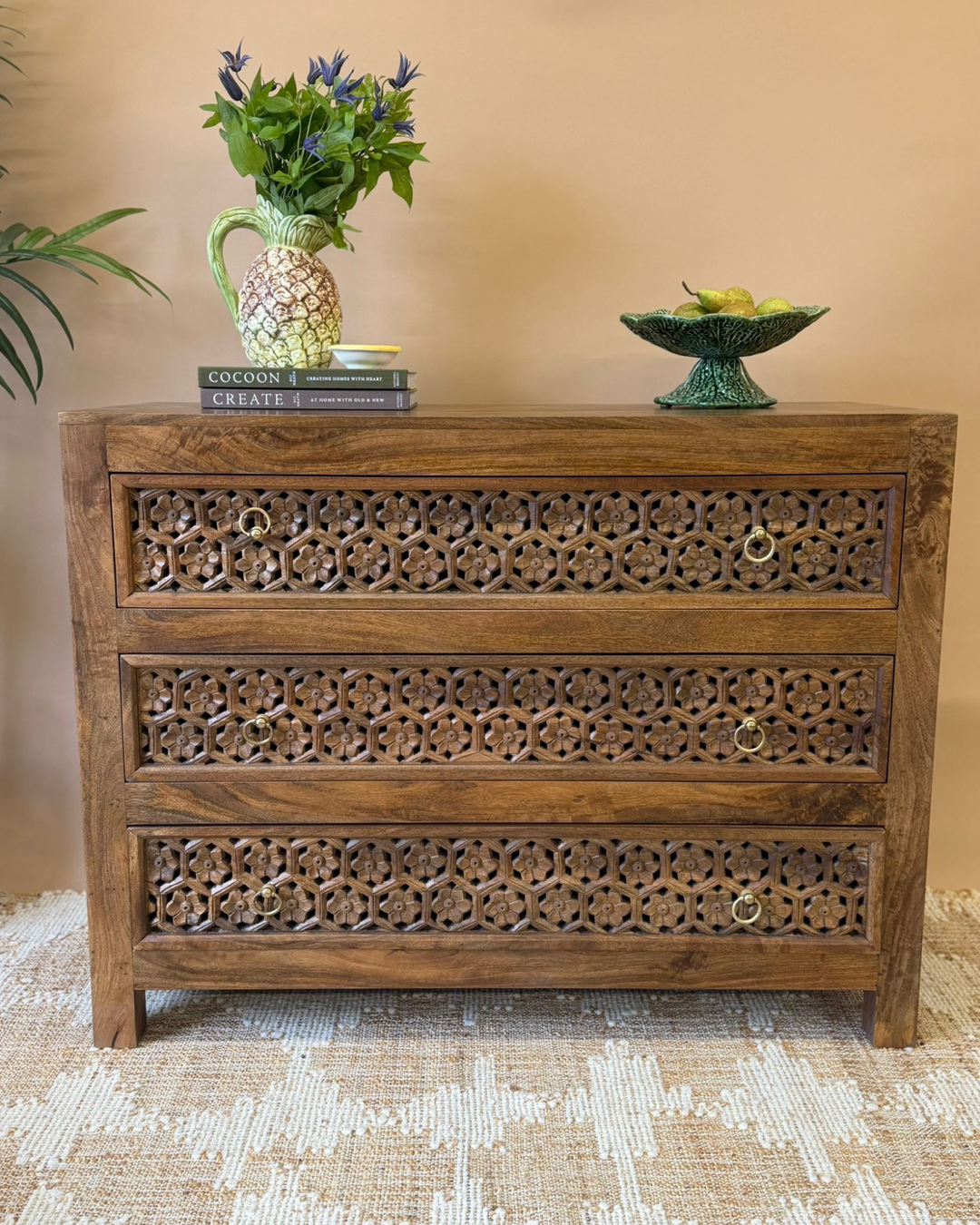 Jali Carved Mango Wood 3-Drawer Chest Natural Finish