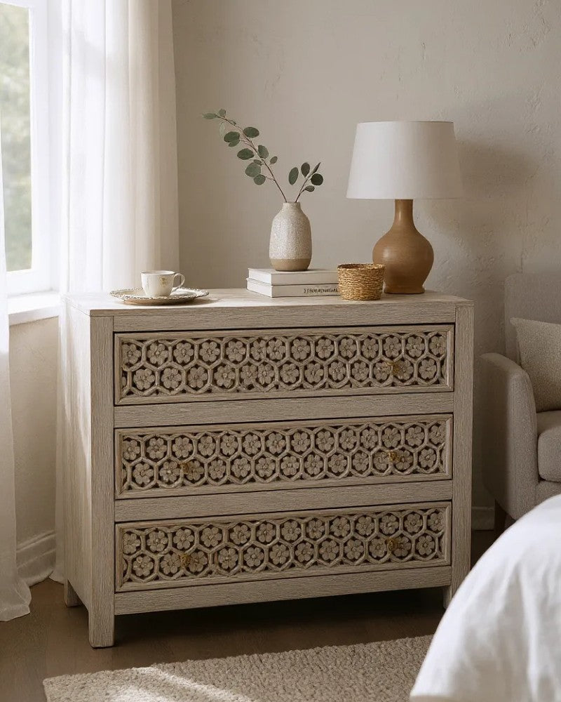 Carved Mango Wood Chest of Drawers with 3 Drawers and Washed Cream Finish