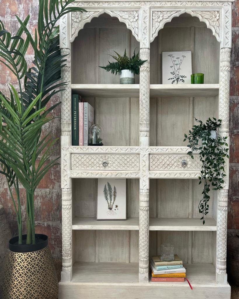 Carved Mango Wood Bookcase With Bleached Finish