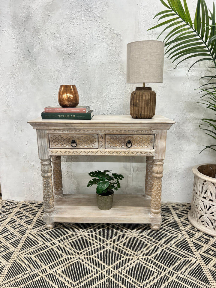 Gesneden Mangohouten Console met 2 Lades Crèmekleurige Afwerking
