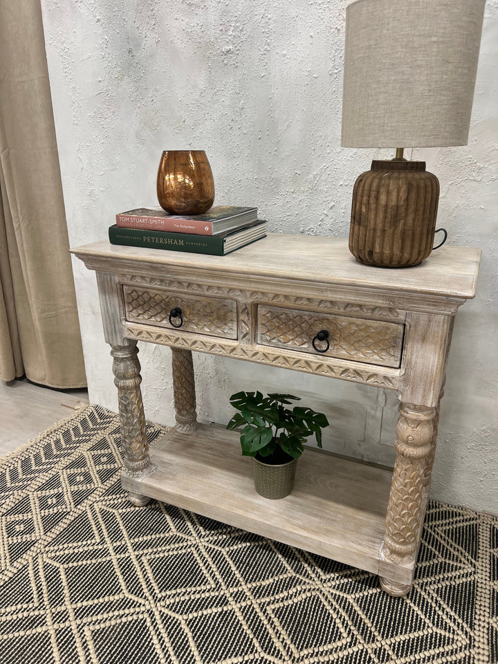 Gesneden Mangohouten Console met 2 Lades Crèmekleurige Afwerking