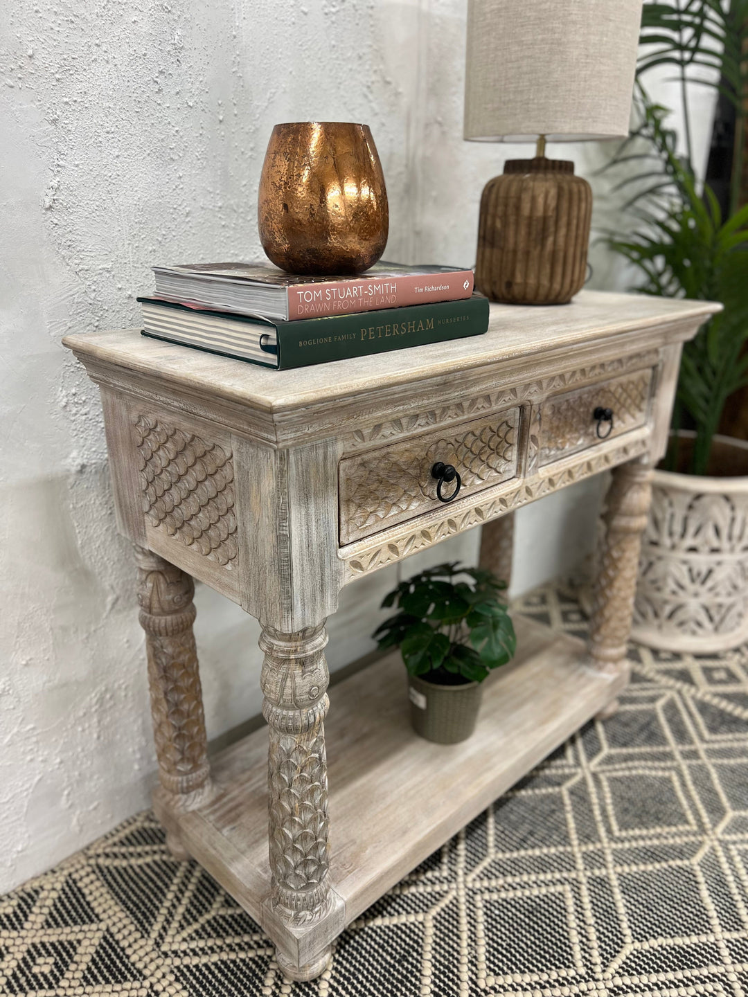 Gesneden Mangohouten Console met 2 Lades Crèmekleurige Afwerking