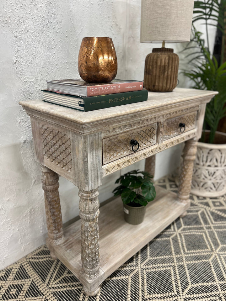 Gesneden Mangohouten Console met 2 Lades Crèmekleurige Afwerking