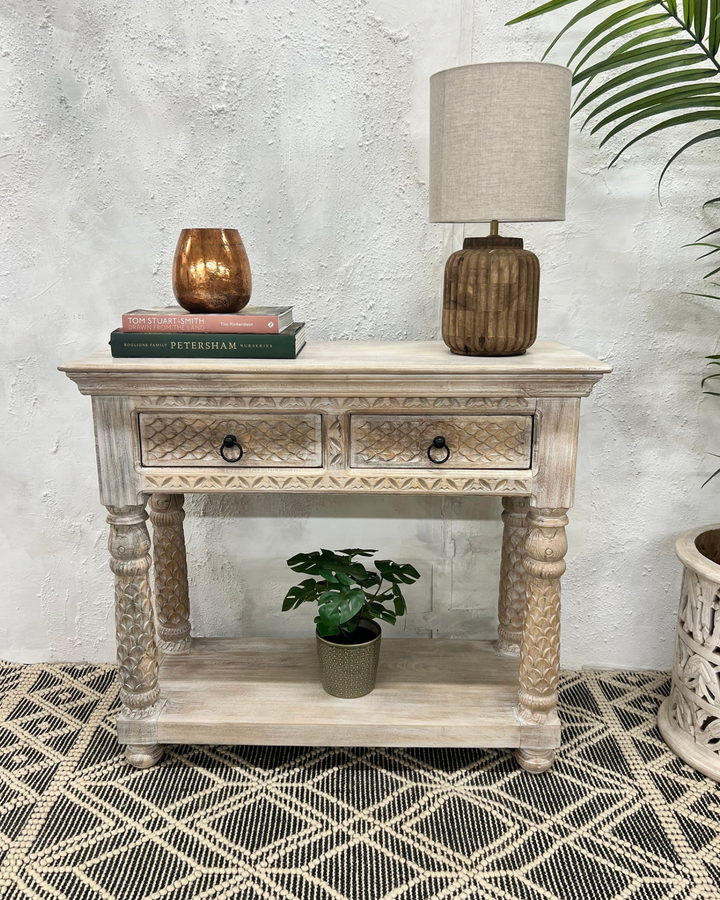 Gesneden Mangohouten Console met 2 Lades Crèmekleurige Afwerking