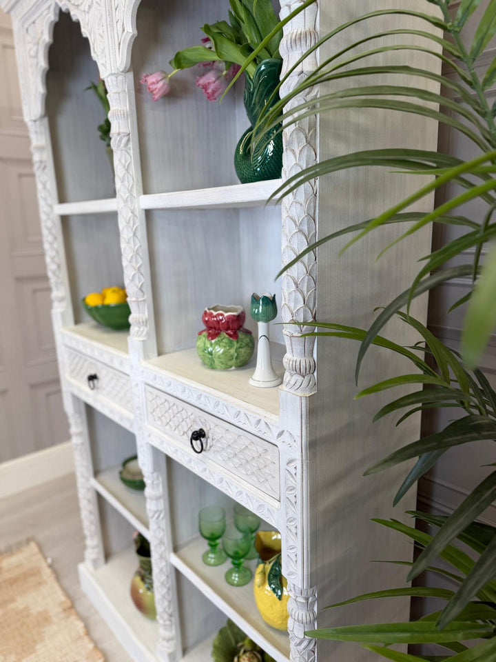 Carved Mango Wood Bookcase With Bleached Finish