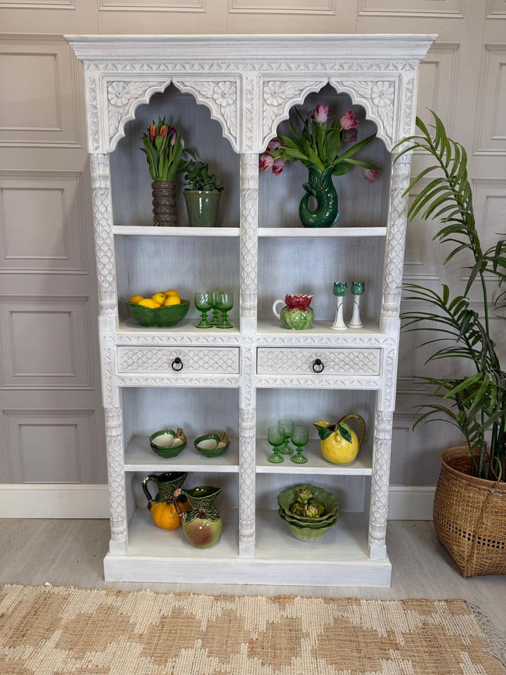 Carved Mango Wood Bookcase With Bleached Finish