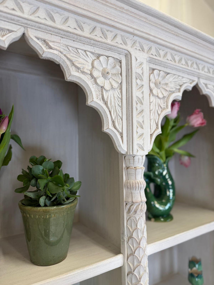Carved Mango Wood Bookcase With Bleached Finish