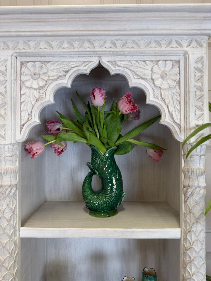 Carved Mango Wood Bookcase With Bleached Finish
