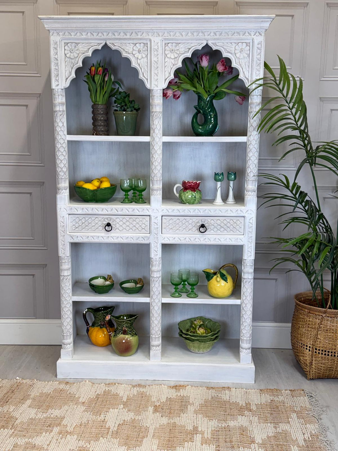 Carved Mango Wood Bookcase With Bleached Finish